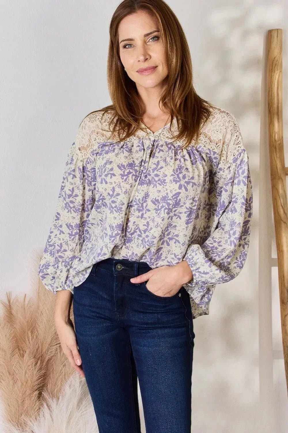 Hailey & Co Full Size Lace Detail Printed Blouse - VILLA FASHION